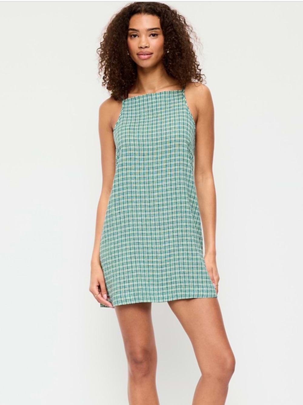Old Navy Green Plaid Linen Blend Mini Dress Apron Neck Women's Medium Petit3